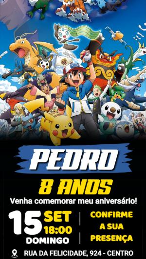 Convite de aniversário Pokémon: Aventura com Ash e Pikachu para editar
