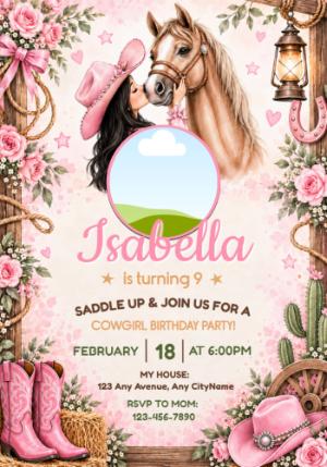 Editable Pink Cowgirl Birthday Invitation for a Horse Party