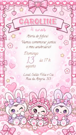 Convite Animado Aniversário Kuromi Rosa para Editar Online
