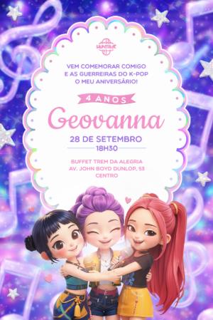 Convite de Aniversário Guerreiras do K-pop Editável