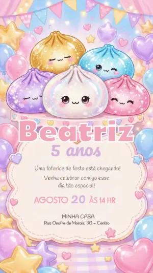Convite Animado Aniversário Squishy Dumpling Kawaii para Editar