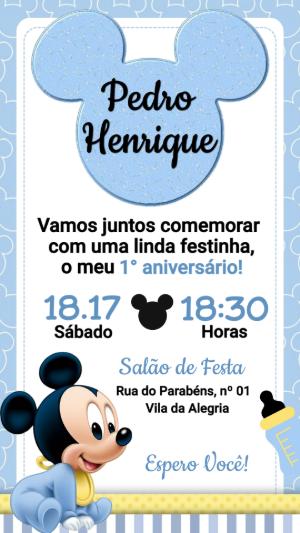 Convite de Aniversário Mickey Baby Azul para Editar Online