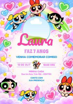 Convite de Aniversário Meninas Super Poderosas com Foto Editável