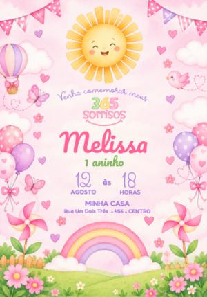 Convite Editável 1º Aninho: 365 Sorrisos e Volta ao Sol