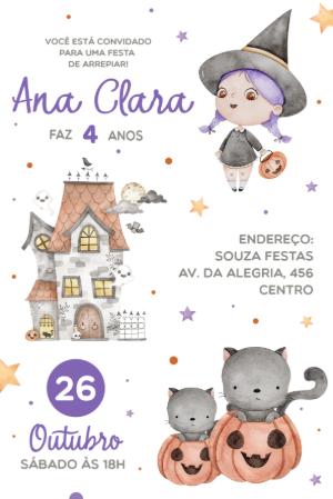 Convite de Aniversário Halloween Bruxinha Aquarela Editável
