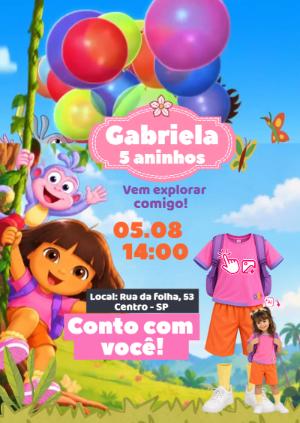 Convite Animado Dora Aventureira: Vire a personagem com sua foto IA