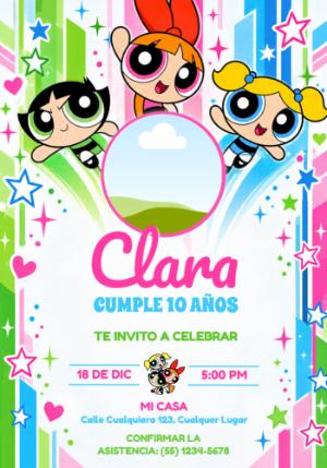 Invitación de Cumpleaños Las Chicas Superpoderosas con Foto Editable