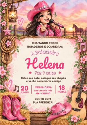 Convite de Aniversário Ana Castela Boiadeira Rosa Editável