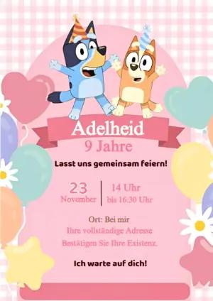 Bluey und Bingo Geburtstagseinladung in Rosa zum Bearbeiten