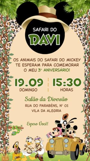 Convite de Aniversário Infantil Safari do Mickey Editável