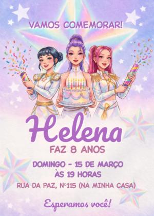 Convite de Aniversário Guerreiras do Kpop com Bolo Editável