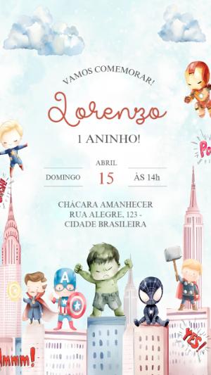 Convite de Aniversário Vingadores Aquarela Editável