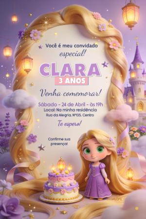 Convite de Aniversário Rapunzel Enrolados Lilás para Editar
