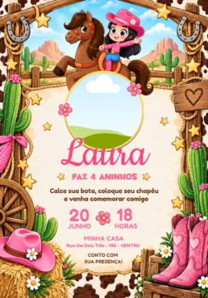 Convite de Aniversário Boiadeirinha Rosa com Foto Editável