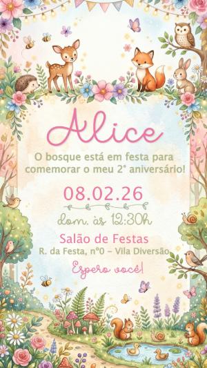 Convite de Aniversário Bosque Encantado Aquarela Editável