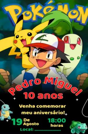 Convite Aniversário Pokémon com Ash e Pikachu para Editar