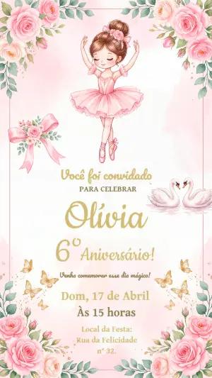 Convite de Aniversário Bailarina Rosa Aquarela Editável