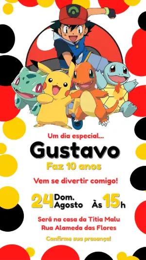 Convite de Aniversário Pokémon com Ash e Pikachu para editar