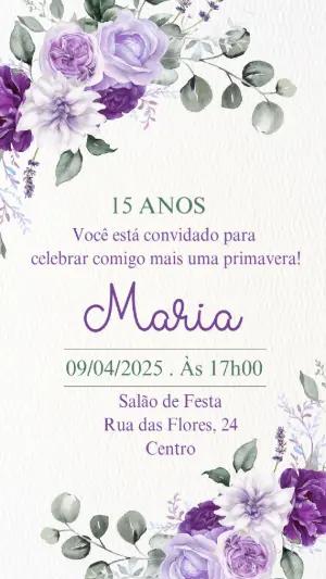 Convite de 15 Anos Floral Roxo e Lilás para Editar Online