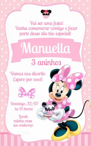 Convite de Aniversário Minnie Rosa Editável para Menina
