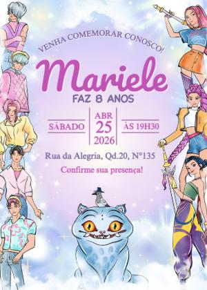 Convite Aniversário K-pop Guerreiras Aquarela Modelo Editável