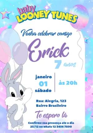 Convite de Aniversário Baby Looney Tunes Colorido para Editar