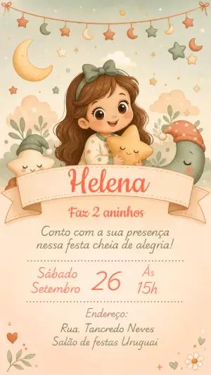 Convite Festa do Pijama Menina Lua e Estrelas para Editar