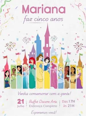 Convite de Aniversário Princesas Disney Colorido para Editar