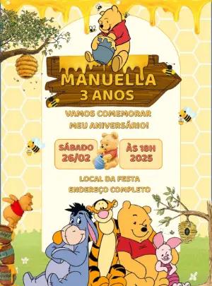Convite Aniversário Ursinho Pooh com Amigos para Editar Online