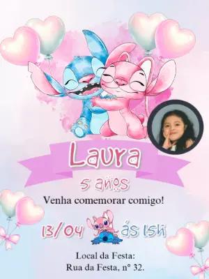 Convite Aniversário Stitch e Angel com Foto para Editar Online