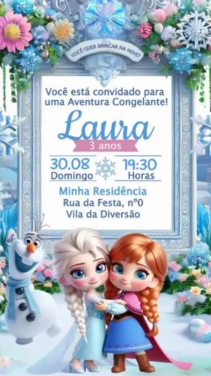 Convite de Aniversário Frozen Infantil Editável com Flores