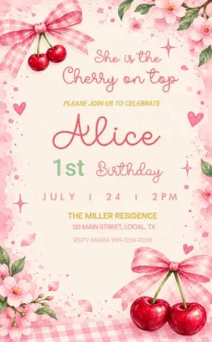 Sweet Cherry 1st Birthday Invitation Editable Template