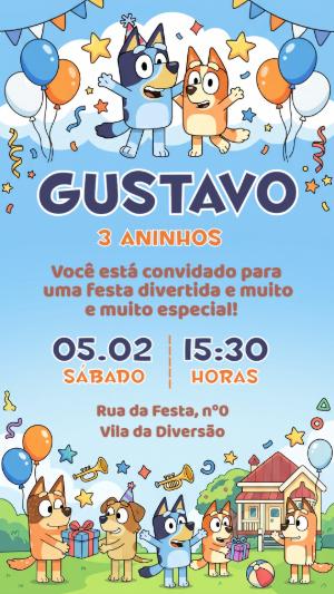 Convite de Aniversário Bluey Infantil Colorido para Editar