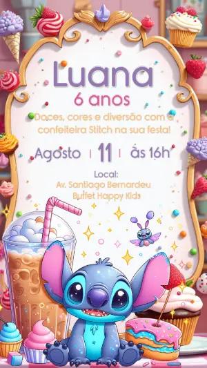 Convite de Aniversário Stitch Confeitaria para Editar Online