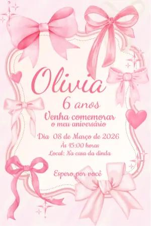 Convite Aniversário Infantil Laços Rosa Aquarela para Editar