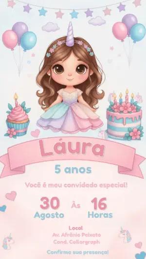 Convite Digital Aniversário Menina Unicórnio Mágico para Editar
