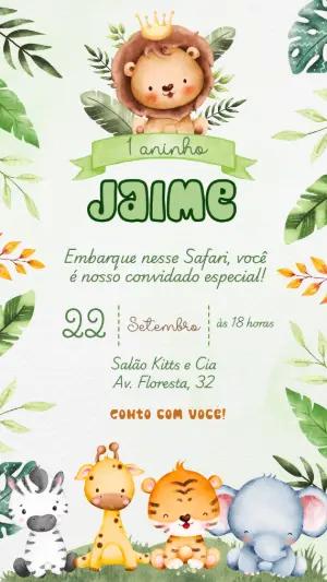 Convite de Aniversário Safari Aquarela com Bichinhos para Editar