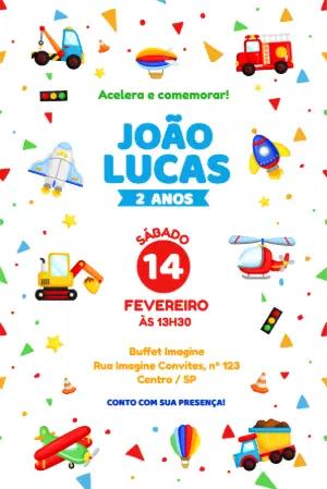 Convite de Aniversário Infantil Veículos Colorido para Editar