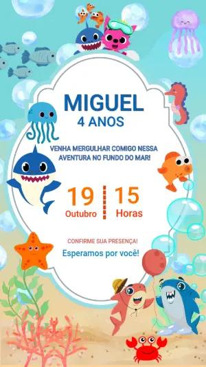Convite Aniversário Fundo do Mar com Tubarões para Editar