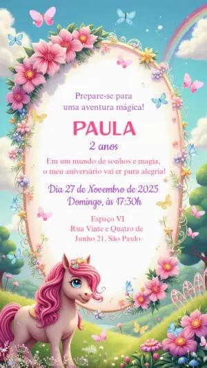 Convite de Aniversário Pônei Mágico e Flores para Editar Online