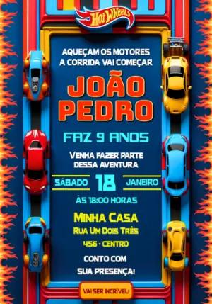 Convite de Aniversário Hot Wheels Azul Modelo Editável
