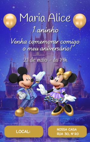 Convite de Aniversário Mickey e Minnie Castelo Mágico Editável