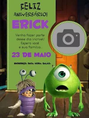 Convite Aniversário Monstros SA com Foto para Editar Online