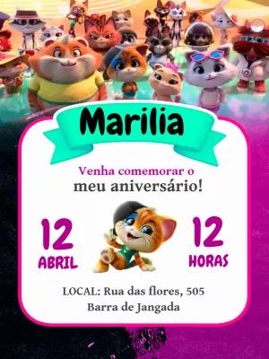 Convite de Aniversário 44 Gatos com Personagens para Editar