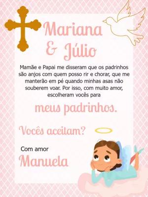 Convite Padrinhos de Batismo Anjinha Rosa para Editar Online
