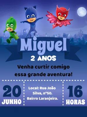 Convite de Aniversário Pj Masks com Heróis para Editar Online