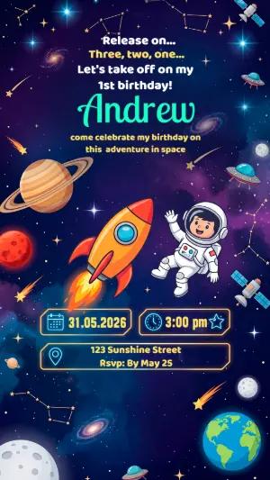 Editable Astronaut & Space Birthday Party Invitation