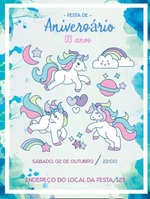 Convite de Aniversário Unicórnio Fofo para Editar Online