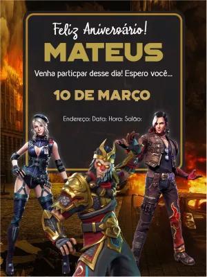 Convite Aniversário Free Fire com Personagens para Editar Online