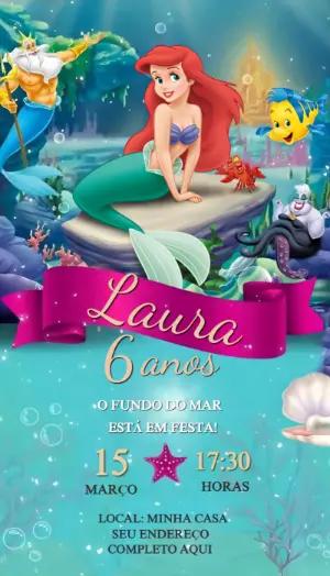 Convite Editável de Aniversário Ariel Pequena Sereia